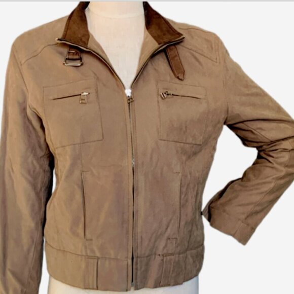 PRAGUE Full Zip Lined Jacket Leather Collar Womens Jrs L Tan #26e - Picture 1 of 11